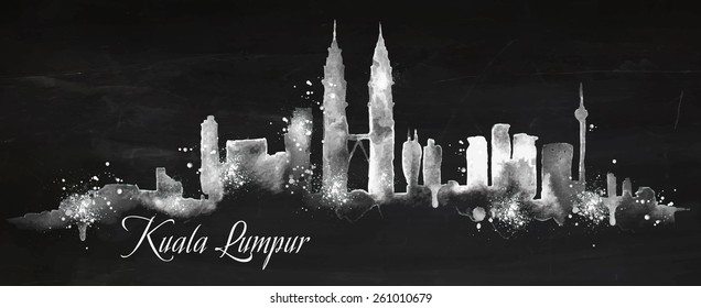 Silhouette of Kuala Lumpur city with splashes drops and streaks landmarks drawing with chalk on blackboard