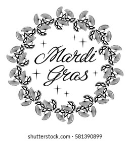 Silhouette label with carnival mask and artistic written text "Mardi Gras". Vector clip art.