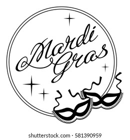 Silhouette label with carnival mask and artistic written text "Mardi Gras". Vector clip art.