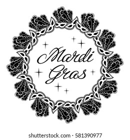 Silhouette label with carnival mask and artistic written text "Mardi Gras". Vector clip art.