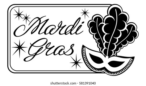 Silhouette label with carnival mask and artistic written text "Mardi Gras". Vector clip art.