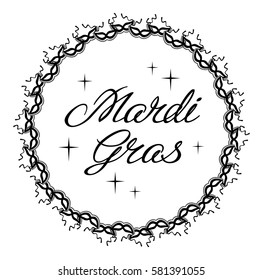 Silhouette label with carnival mask and artistic written text "Mardi Gras". Vector clip art.
