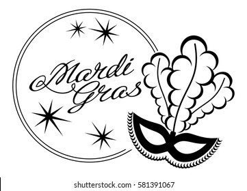 Silhouette label with carnival mask and artistic written text "Mardi Gras". Vector clip art.