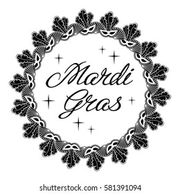 Silhouette label with carnival mask and artistic written text "Mardi Gras". Vector clip art.