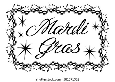 Silhouette label with carnival mask and artistic written text "Mardi Gras". Vector clip art.