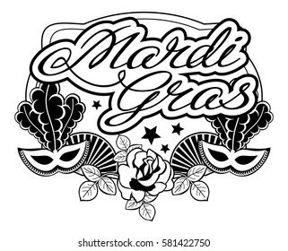 Silhouette label with carnival masks and artistic written text "Mardi Gras". Vector clip art.