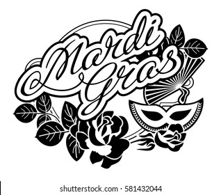 Silhouette label with carnival masks and artistic written text "Mardi Gras". Vector clip art.