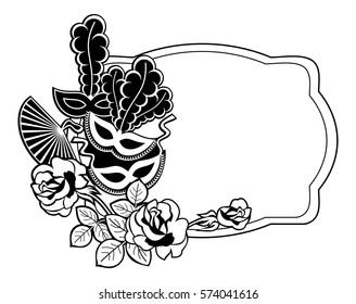Silhouette label with carnival masks. Copy space. Vector clip art.