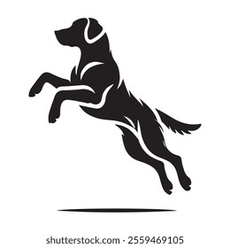 Silhouette of  a Labrador Retriever in a striking pose, such as Leaping mid-air attentively