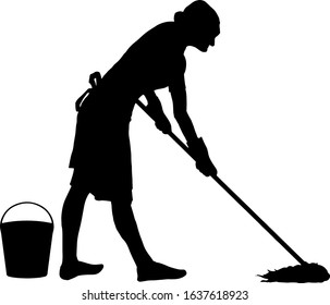 Silhouette of a lady cleaner mopping the floor. Vector illustration. 