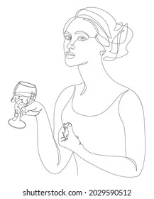 Silhouette of a lady. Girl with a glass of wine in a modern one line style. Continuous line drawing, aesthetic outline for home decor, posters, wall art, stickers, logo. Vector illustration.