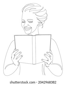 Silhouette of a lady. The girl reads a book in a modern one line style. Continuous drawing, home decor sketches, posters, wall art, stickers, logo. Vector illustration.