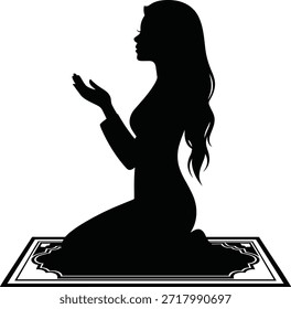 Silueta de una dama arrodillada en oración con la palma y los dedos. Yemas de los dedos en gesto de oración. Manos juntas apretadas orando con las manos hacia arriba apuntando hacia la esperanza.