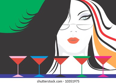 Silhouette of lady looking through spectacles to goblets	