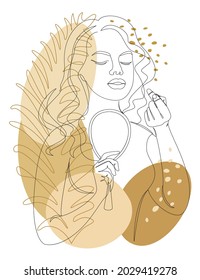 Silhouette of a lady. A woman does makeup, paints her lips with lipstick in a modern one line style and leaves of a plant. Solid line sketches for decor, posters, stickers, logo. Vector illustration.