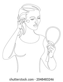 Silhouette of a lady. A woman does makeup, paints a blush in a modern style with one continuous line. Sketches for decor, posters, stickers, logo. Vector illustration.