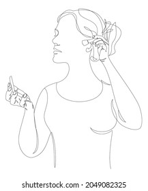 Silhouette of a lady. A woman does makeup, paints a blush in a modern style with one continuous line. Sketches for decor, posters, stickers, logo. Vector illustration.