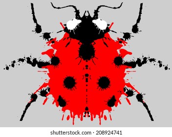 Silhouette of a ladybug painted by blots and splatters.