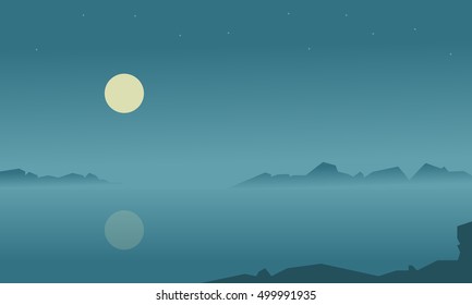 Silhouette of lake at night vector flat illustration