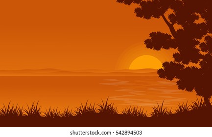 Silhouette of lake and tree landscape