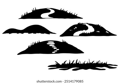 Silhouette of land with road and grass. Black outline illustration for Halloween. Simple Doodle style. Hand drawn isolated graphic clipart. Line sketch of landscape for decoration and design.