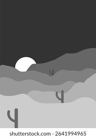 Silhouette Landscape with Cactus – Flat Vector Illustration