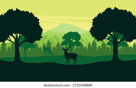 A silhouette landscape with deer, trees, and a mountain.