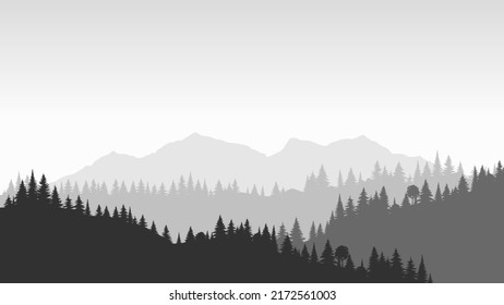 Silhouette landscape with fog, forest, pine trees, mountains. Illustration of national park view, mist. Black and white. Good for wallpaper, background, banner, cover, poster.