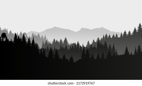 Silhouette landscape with fog, forest, pine trees, mountains. Illustration of national park view, mist. Black and white. Good for wallpaper, background, banner, cover, poster.