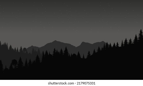 Silhouette landscape with fog, forest, pine trees, mountains. Illustration of night view, mist. Black and white. Good for wallpaper, background, banner, cover, poster.