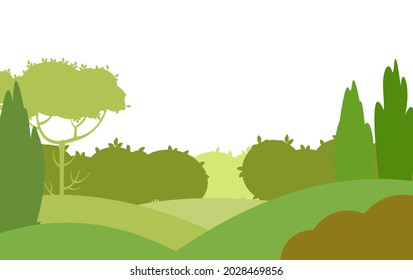 Silhouette landscape. Foliage. Beautiful scenic plant. Cartoon style. Hills with grass and trees. Cool romantic pretty. Flat design background illustration. Isolated Vector art