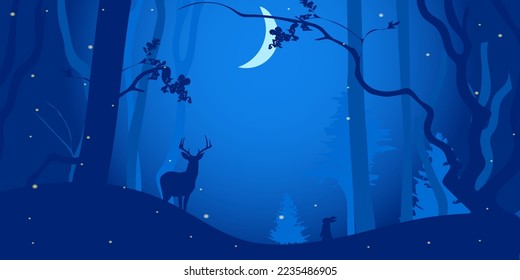 Silhouette landscape of the forest with animals. Blue colors. Night landscape. Background picture, template, banner.