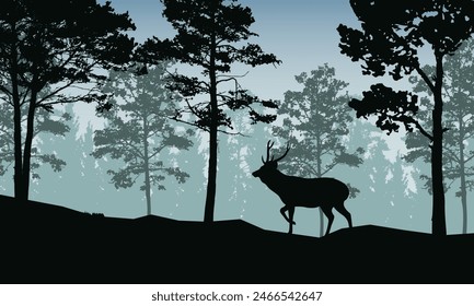 Silhouette Landscape with green forest and lying deer - vector illustration