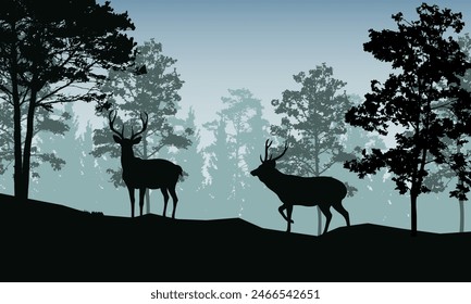 Silhouette Landscape with green forest and lying deer - vector illustration