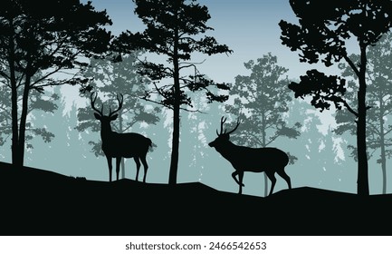 Silhouette Landscape with green forest and lying deer - vector illustration