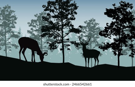 Silhouette Landscape with green forest and lying deer - vector illustration