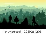 Silhouette with landscape: group of four medieval fantasy figures