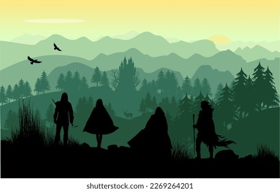 Silhouette with landscape: group of four medieval fantasy figures