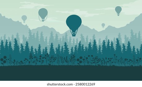 Silhouette landscape of hot air balloons flying in the dark hill sky at sunset