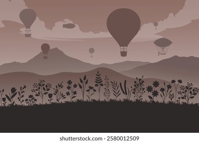 Silhouette landscape of hot air balloons flying in the dark hill sky at sunset