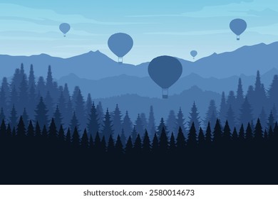 Silhouette landscape of hot air balloons flying in the dark hill sky at sunset