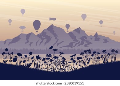 Silhouette landscape of hot air balloons flying in the hill sky