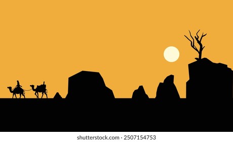silhouette landscape illustration in the desert with middle eastern rock mountain formations and the moon above
