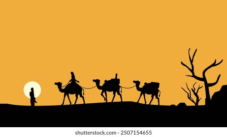 silhouette landscape illustration in middle eastern desert with walking people and dead tree branches