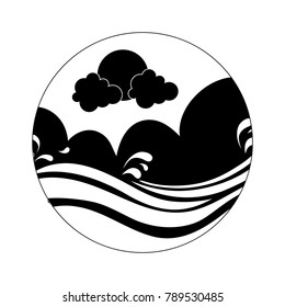 silhouette landscape label sunny waves with splashes