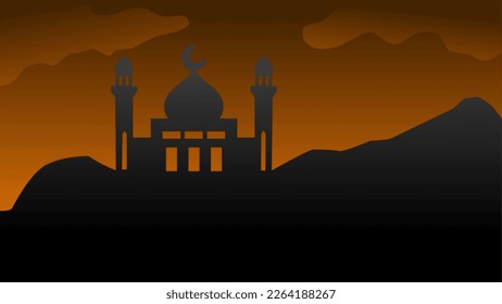 Silhouette landscape of mosque with shiny orange sky for ramadan design graphic in muslim culture and islam religion. Vector illustration of background mosque in the night for Islamic wallpaper design