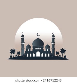 Silhouette landscape of mosque with shiny sky for ramadan design graphic in muslim culture and islam religion. Vector illustration of background mosque in the night for Islamic wallpaper design