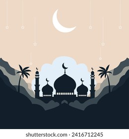 Silhouette landscape of mosque with shiny sky for ramadan design graphic in muslim culture and islam religion. Vector illustration of background mosque in the night for Islamic wallpaper design