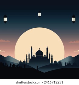 Paisaje de silueta de mezquita con brillante cielo para el diseño gráfico de ramadán en la cultura musulmana y religión islámica. Ilustración vectorial de la mezquita de fondo en la noche para el diseño de papel tapiz islámico