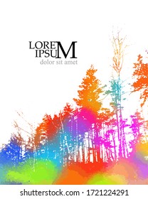 The silhouette of the landscape of nature. Colorful trees. Mixed media. Vector illustration